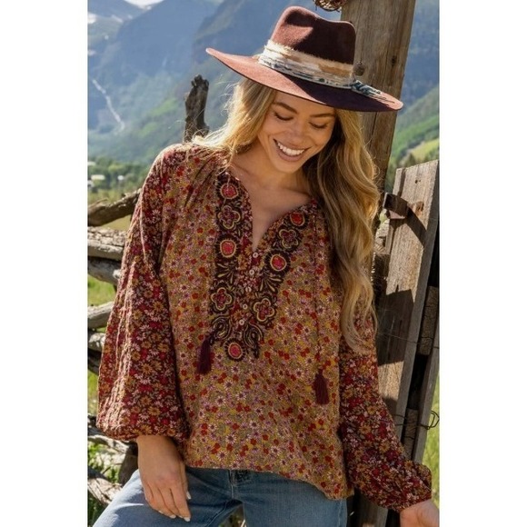 NATURAL LIFE Tops - Natural Life Camille Embroidered Tunic Top Floral Boho Tassel Burgundy Large NEW